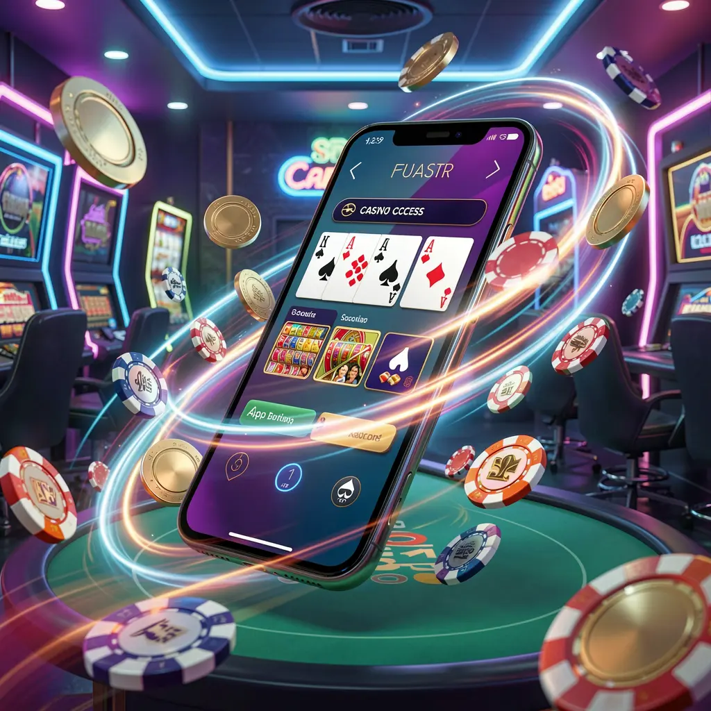 EE7 GAMES fast casino app access visual featuring a smartphone with speed light trails, coins and chips flying around against a modern neon casino background in a dynamic 3D render