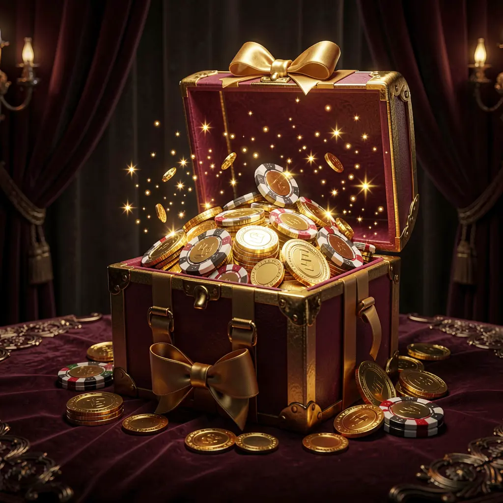 EE7 GAMES no deposit casino bonus concept featuring a glowing gift box filled with free casino chips and golden coins with magical sparkle effects on a luxury dark background creating an exciting reward atmosphere