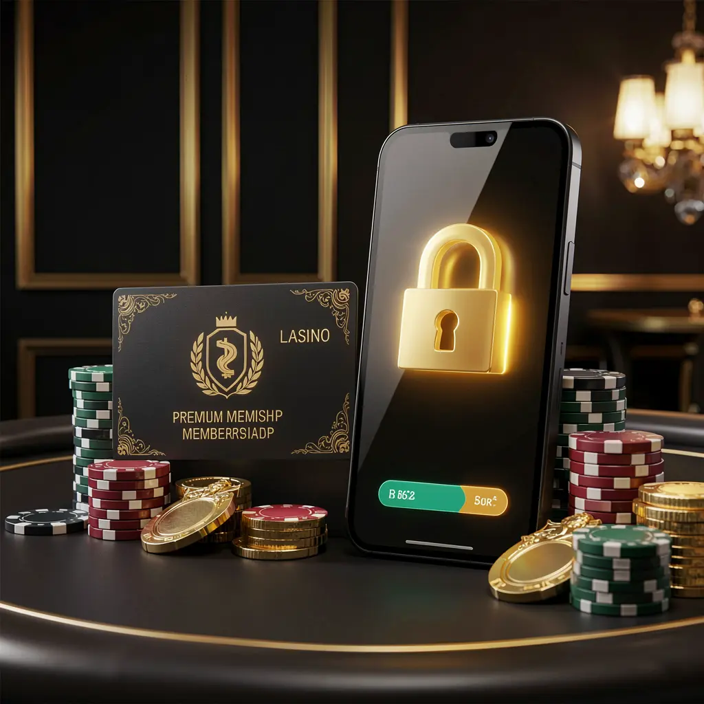EE7 GAMES casino member login concept featuring a premium membership card beside a smartphone with a glowing lock symbol, poker chips and coins on a black and gold luxury background in a realistic 3D illustration