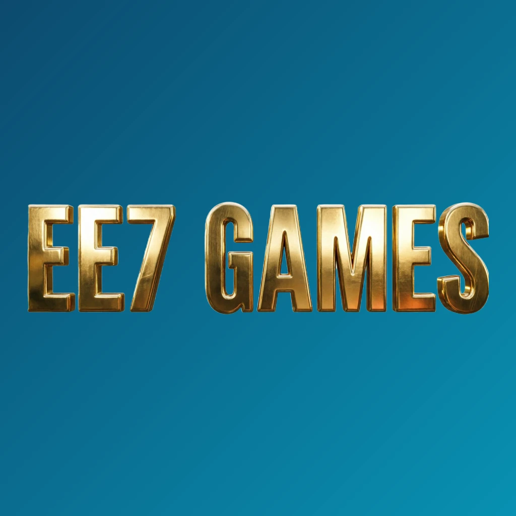 3D metallic logo of EE7 GAMES with glossy gold letters and dramatic lighting, showcasing a premium casino branding in a wide horizontal rectangular wordmark with a transparent background
