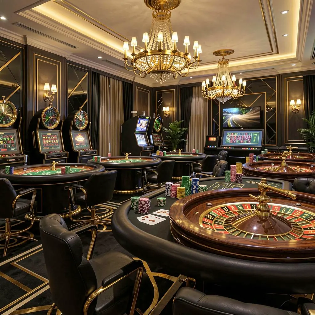 EE7 GAMES luxury online casino lobby with glowing roulette tables, golden lights, poker chips and cards in a premium black and gold design
